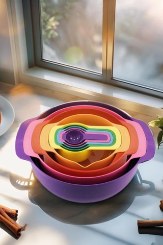 Flora Easy Mix Karıştırma Kabı Seti 9 Parça- Ölçü Kaşığı Ve Süzgeçli Hazırlık Set Mor Çok Renkli