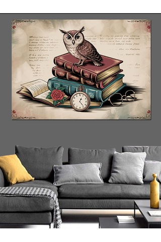Kitap Üstünde Bilge Baykuş Dekoratif Kanvas - Mdf Ahşap Tablo