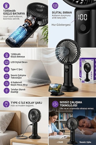 Şarjlı Standlı Güçlü El Fanı Masaüstü Mini Vantilatör 1200mah 5 Kademe Hız Ayarı Dijital Gös