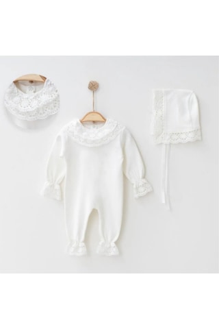 Nervür Ve Dantel Detaylı Pamuklu Tulum Ve Şapka Takım Kırık Beyaz