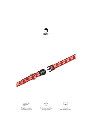 Wikipet Rudolph Red Kedi Boyun Tasması, Boğulma Önleyici Kilitli, Zil Hediyeli Bordo, Kar Taneli