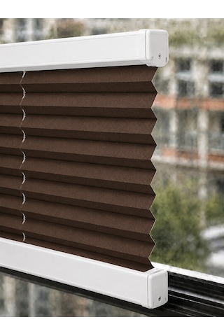 Plise Perde Kahverenk Kumaş + Beyaz Profil Kasa Cam Balkon Perdesi