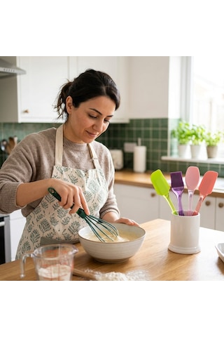 3'lü Silikon Mutfak Hazırlık Seti - Yanmaz Yapışmaz Çırpıcı, Spatula Ve Yumurta Fırçası Çok Renkli