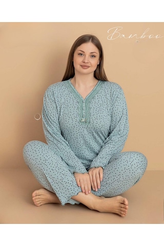 Pijamerry Kadın Büyük Beden Dantel Yaka Bambu Uzun Kol İnce Pijama Takımı 5671 - 1 Adet Yeşil
