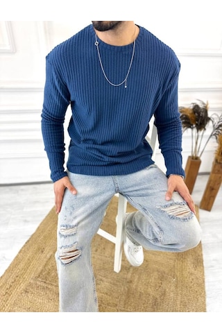 Uzun Kollu Tişört Fitilli Bisiklet Yaka Yumuşak Dokulu Tüylenmez Pamuklu Kazak Sweatshirt Lacivert