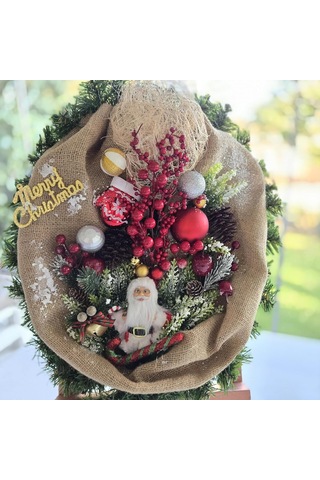 El Yapımı Led Işıklı Yılbaşı Kapı Ve Duvar Süsü - Premium Yeni Yıl Dekoru - Doğal Çuval Kumaş & Hasır Tasarım - Noel Baba Figürlü - Hediyelik Özel Yen