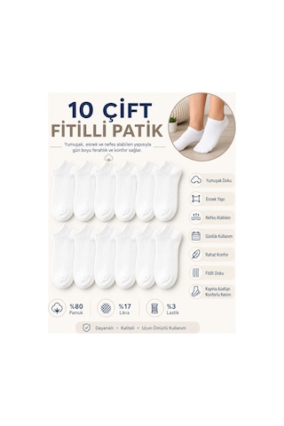 Worthy Socks 10'lu Kadın Fitilli Kısa Beyaz Patik Çorap 10 Çift