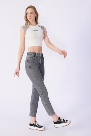 Claudia Mom Kalıp Düz Denim Pantolon-gri Gri