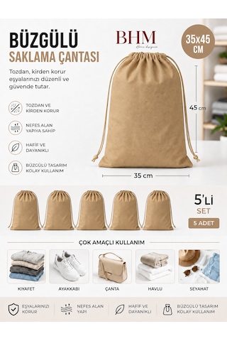 5'li Büzgülü Saklama Çantası 35x45 Cm Nefes Alan Ayakkabı Kılıfı Toz Koruyucu Organizer Bej
