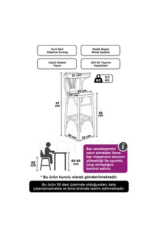 Wabex Serisi 1 Adet 66 Cm Suni Deri Kumaş Siyah Metal İskeletli Mutfak Bar Sandalyesi Taba Sandalye Siyah Ayak