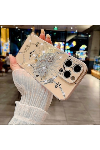 İphone Uyumlu 16 Pro Max Kılıf Kickstand Tpu+pc Rhinestones Dekor Telefon Kılıfı - Beyaz