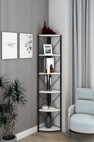 Datça 6 Raflı Metal Köşe Kitaplık Rafı Dekoratif Aksesuar Rafı 180 Cm Beyaz Beyaz