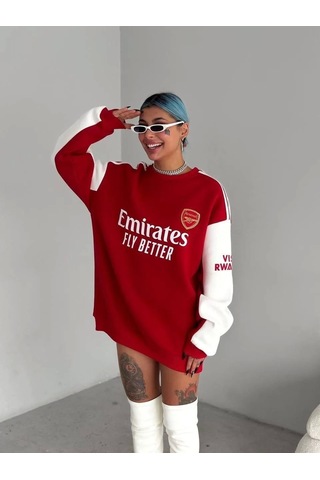 Kadın Bisiklet Yaka Kolu Şeritli Nakışlı Sweatshirt - Kırmızı