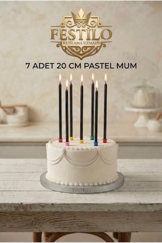 7'li Uzun Mum 20 Cm Pasta Mumu Siyah Pastel Renk Parti Malzemeleri Doğum Günü Süsleri