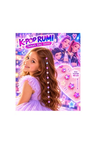 Kız Çocuk K-pop Rumi Temalı Yıldızlı Saç Süsü 40 Cm Pratik Tel Tokalı