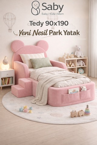 Saby Luxury Tedyy Baza Ve Başlıklı Montessori Full Sünger Yatak Seti - Pembe
