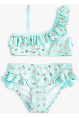 Koton Bikini Takımı Parlak Baskılı Fırfırlı Tek Omuz İnce Askılı Mavi 4skg00003mm Mavi