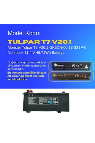 Monster Tulpar T7 V20.1 Gk5cn-00-13-3s1p-0 Notebook 11.4 V 46.71wh Batarya Uyumlu, Yüksek Performanslı