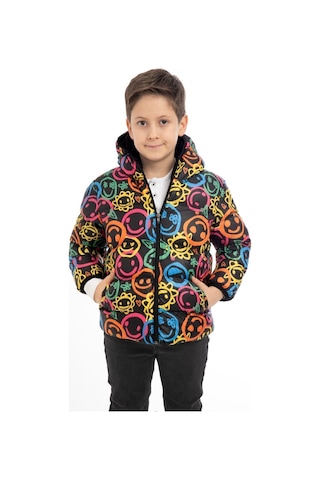 Erkek Çocuk Gülen Emoji İçi Polarlı Kürklü Su Ve Rüzgar Geçirmez Kapüşonlu Cepli Kışlık Şişme Çok Renkli