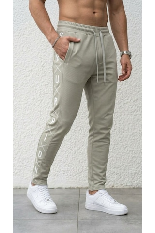 Plus Scorpion Erkek Slim Fit Eşofman Altı Yazılı Şerit Detaylı, Dar Paça Jogger Pantolon Gri