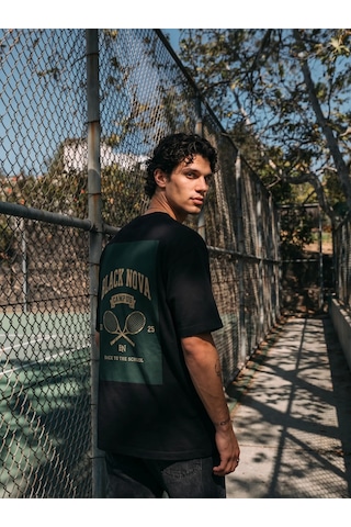 Black Nova Oversize Baskılı Unisex Tişört Campus Tennis Black Siyah