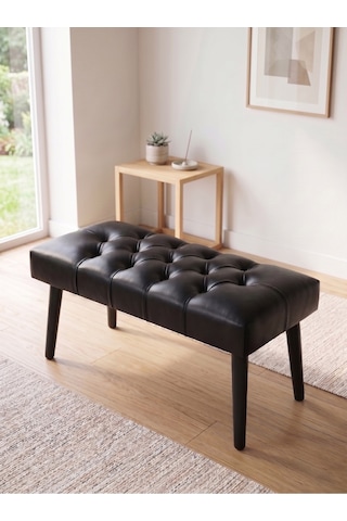 Modern Kapitoneli Siyah Deri Kumaş Bench Puf Oturma Bankı Ahşap Siyah Ayaklı Demonte 90x45