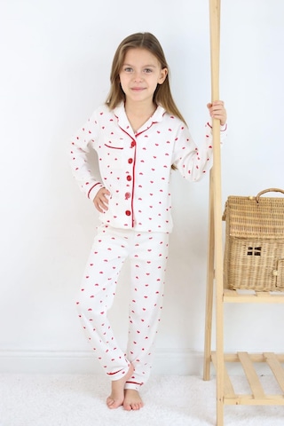 Kız Çocuk Kırmızı Kalpli Pamuklu Pijama Takımı - Uzun Kollu Düğmeli Rahat Takım Kırmızı