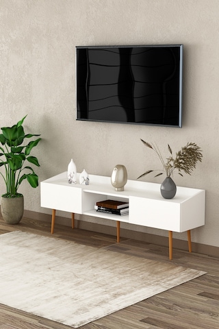 Asra Trend Tv Ünitesi Tv Sehpası T-28 %100 MDF Ayaklı Modern Medya Ünitesi Beyaz