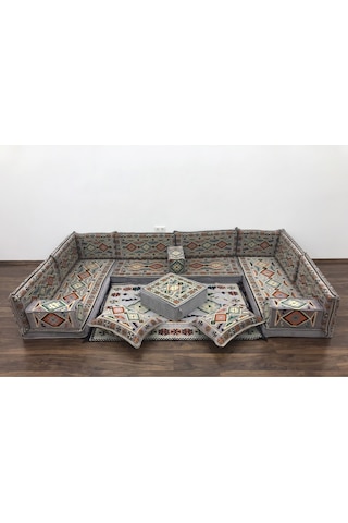 Turkıshrug Kıngdom 10 Cm Süngerli Otantik Şark Köşesi Takımı Gri Renkli 18 Parça Kilim Ve Puf Dahil Sedir Seti