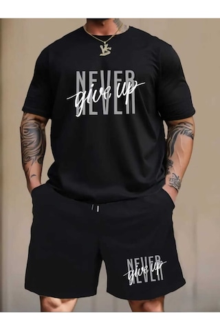 Never Give Up Baskılı Özel Tasarım Oversize Alt Üst Takım Siyah