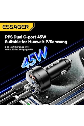 Monyee Essager 105w Süper Hızlı Şarj 2c+a Üç Portlu Alüminyum Sayısal Göstergeli Araç İçi Telefon Şarj Cihazı Siyah Siyah