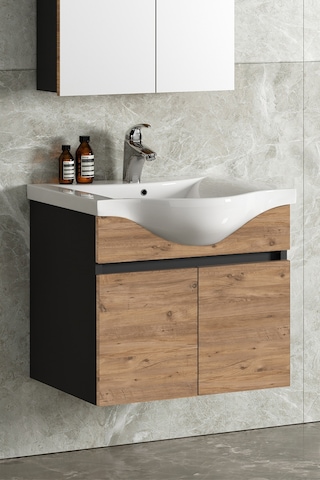 Yıldız 55 Cm Antrasit Gri Mat-Atlantik Çam Mdf Seramik Lavabolu Asma Banyo Alt Dolabı Antrasit - Atlantik Çam