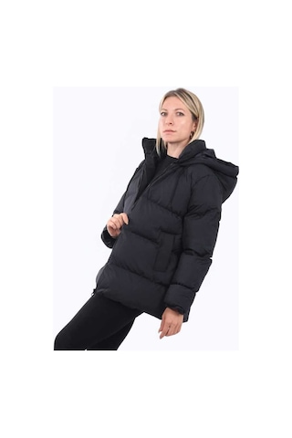 Nevege Butik Kadın Siyah Kapüşonlu Cepli Şişme Mont Siyah