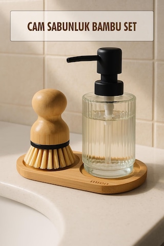 3 Parça Bambu Altlıklı Sabunluk Ve Temizlik Fırça Seti Bambu