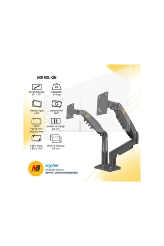 North Bayou Nb Ergonomic 17-32 İnch Çift Kol 2-9 Kg Kapasiteli Yeni Nesil Profosyonel Monitör Standı