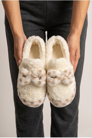 Nmoda Kadın Fiyonklu Yumuşak Peluş Panduf İçi Kürklü Kaymaz Taban Kışlık Sıcak Tutan Ev Terliği Ev Botu Ekru