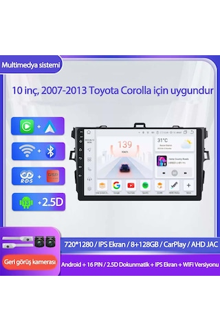 Otolas 2007-2013 Toyota Corolla Için 8+128gb, 10 Inç Gps & Wifi & Carplay Destekli, Kameralı Multimedya Navigasyon Sistemi 10"