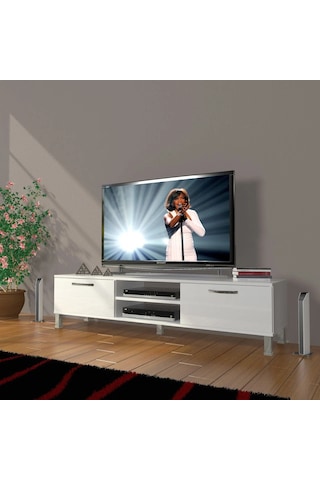 Decoraktiv Eko 140 Mdf Dvd Krom Ayaklı Tv Ünitesi Tv Sehpası - Parlak Beyaz Parlak Beyaz
