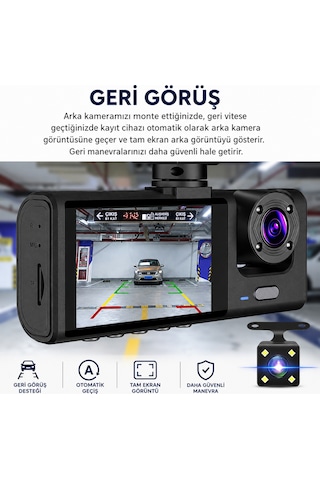 Bagajon C309 3 Kameralı Araç İçi Kamera Full Hd 1080p Ön İç Arka Kamera Gece Görüşlü 150 Geniş Açı G-sensör Döngü Kayıt Dash Cam