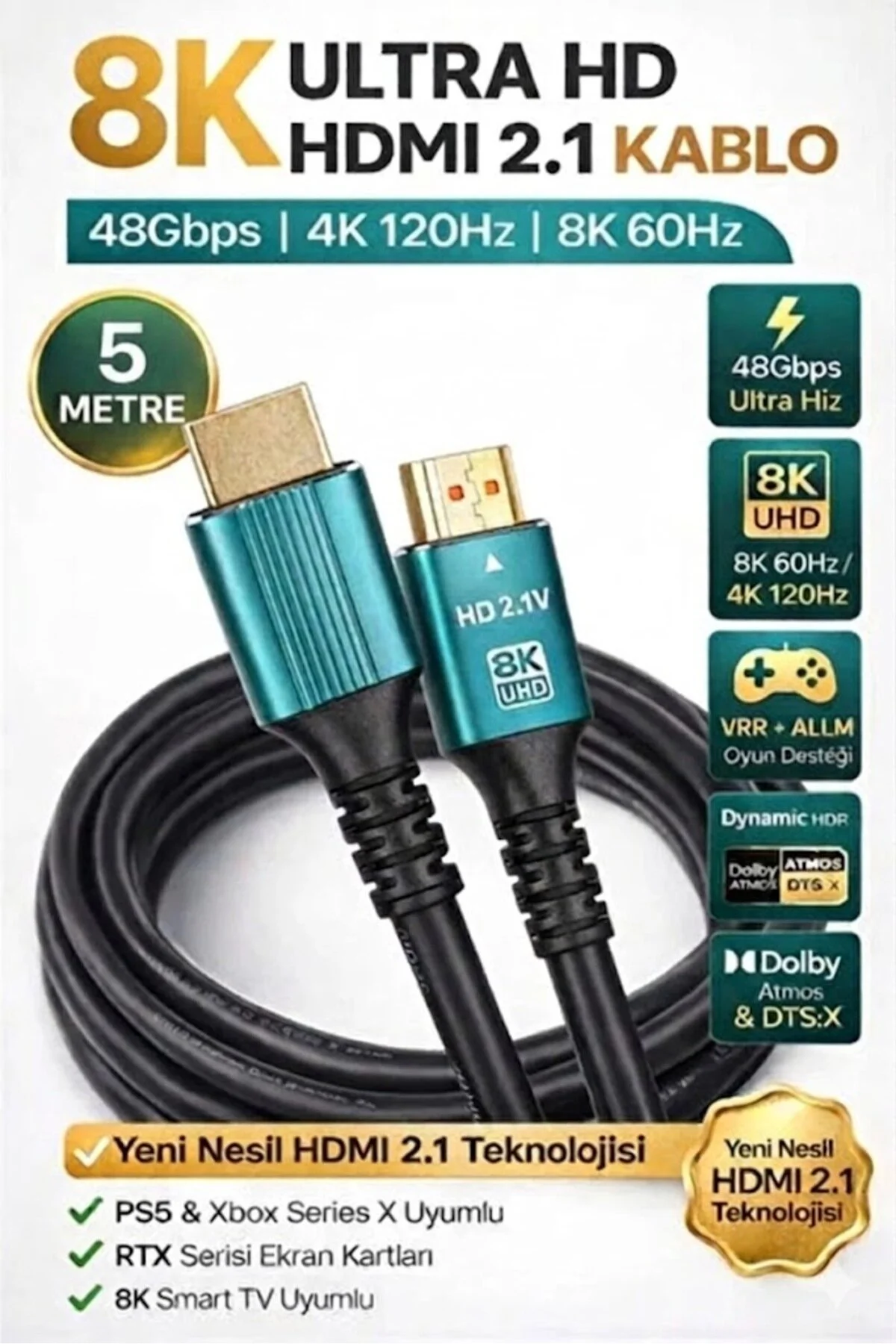 Hdmı 2.1 8k Ultra Hd Kablo 5 Metre 48gbps 4k/120hz Destekli 5mt 8k 144hz Ultra Yüksek Hızlı 8k Hdmi 2.1 Kablo Yüksek Çözünürlüklü Kablo 001