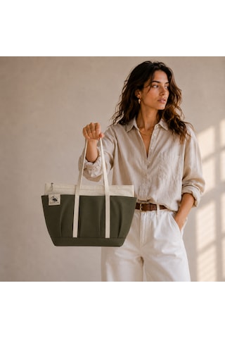 Bordglow Novaglow Design Serisi Küçük Boy - Siyah - Premium Kanvas Çanta - Tote Bag 9 Cep - Fermuarlı 32x22x10 Cm haki