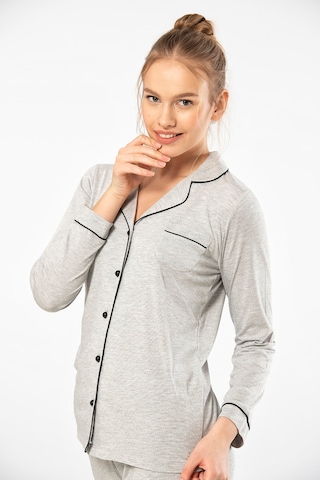Türen 3365 Kadın Uzun Kollu Gömlek Yaka Pijama Takım-gri Gri