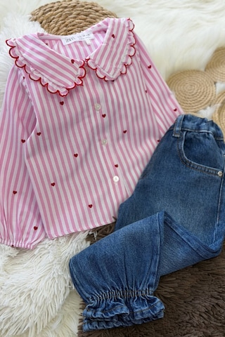 Kız Çocuk Pembe Kalp Detaylı Gömlek Ve Pantolon Çok Renkli