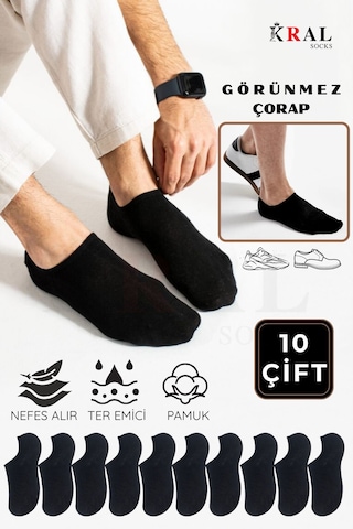 Kral Socks Kadın - Erkek Pamuklu Terletmez 10'lu - 10 Çift Yazlık Görünmez Çorap Siyah
