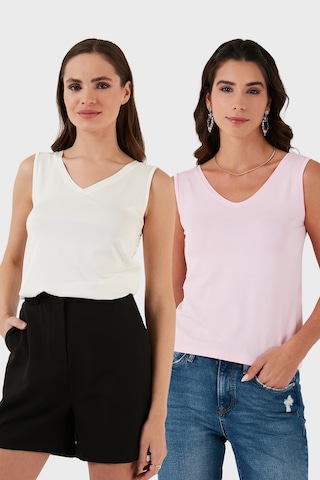 Lela Slim Fit V Yaka Kalın Askılı 2' Li Paket Bayan Bluz 5864384S2 Ekru-Toz Pembe