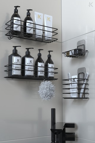 Karteya Paslanmaz Yapışkanlı Siyah Metal Banyo Rafı Düzenleyici 4'lü Set Kancalı Duş Rafı Sabunluk Rafı Siyah