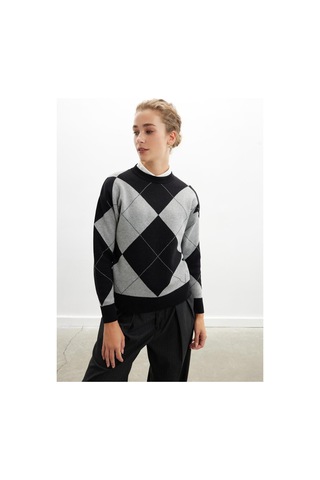 Styleboom X Peraluna Oxford Pullover Bisiklet Yaka Baklava Desen Kadın Triko Kazak - Siyah-siyah Siyah