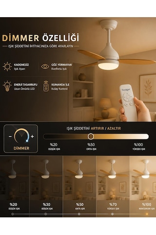 Hoogar Süper Sessiz 3 Renk Uzaktan Kumandalı Dimmer Ayarlı Özel Bambu 95 CM Kanatlı Tavan Vantilatörü BL Isınmaz Motor