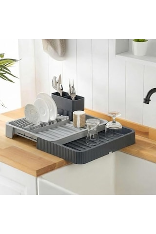 Açılır Kapanır Sürgülü Bulaşık Sepeti Ve Kurutmalık Genişleyebilir Pratik Mutfak Düzenleyici Çatal Kaşıklık Ve Tabak Bölmeli, Yerden Tasarruf Ettiren 32cm Veya 52cm Uzunluk Antrasit-gri