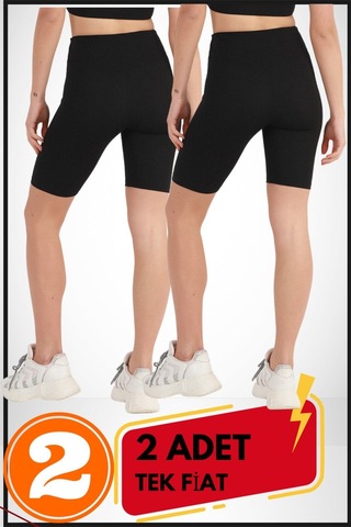 Kadın Kısa Siyah Şort Tayt 2'li Paket Lycralı Yüksek Bel Toparlayıcı Mevsimlik Biker 21070 Siyah - Siyah